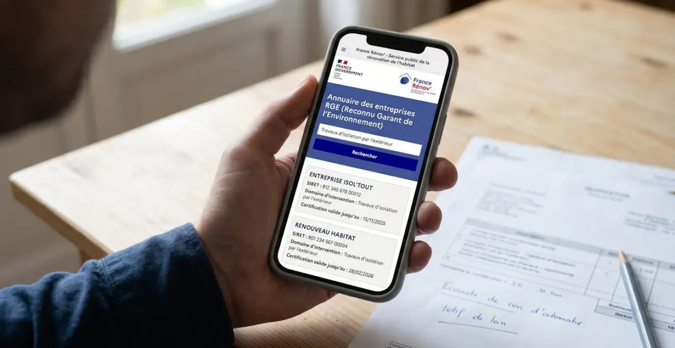Écran de tablette affichant l'annuaire France Rénov' des entreprises RGE certifiées pour travaux d'isolation thermique par l'extérieur, main de propriétaire consultant les qualifications avant signature devis